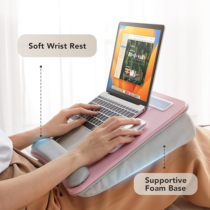 HUANUO Lap Laptop Desk - Portable Lap Desk with Cushion, Fits up to 15.6 inch Laptop, Anti-Slip & Storage Function - Pink