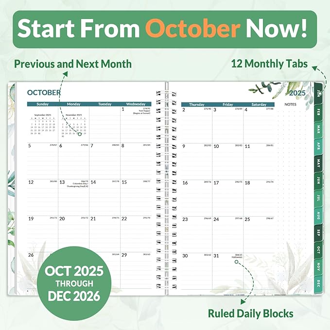 SUNEE 2026 Weekly and Monthly Planner - from January 2026 - December 2026, 6.4" x 8.3" Daily Agenda Planner with Monthly Tab, Flexible Cover, Note Pages, Pockets, Bookmark, Spiral Binding, Greenery