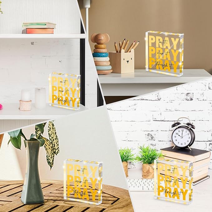 Yellow Dorm Room Decor for Women, Ideal Christian Gifts for Women - Pray On It,Pray Over It - Bible Verse Desk Art, Inspirational Decor, Desk Decorations for Office, 4 x 4 inches（Yellow）