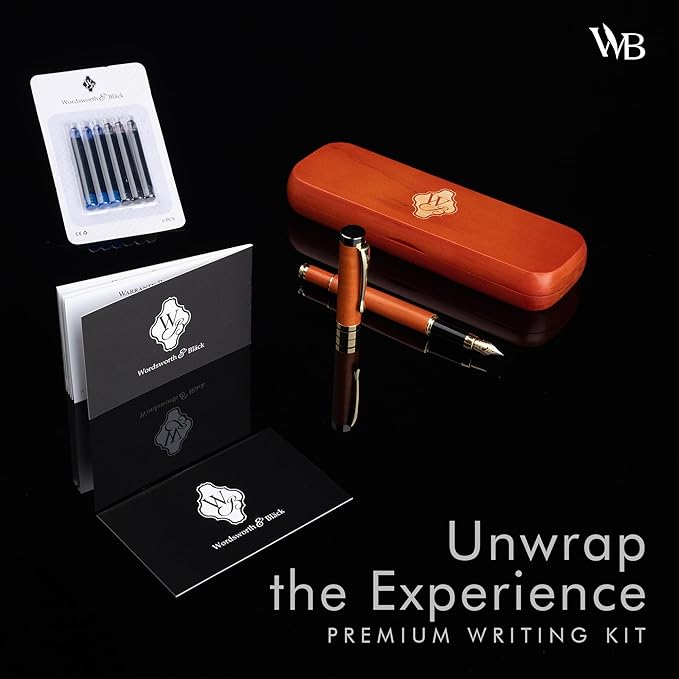 Wordsworth & Black Fountain Pen Set, Luxury Bamboo Wood - Extra Fine Nib, Gift Case; Includes 6 Ink Cartridges, Ink Refill Converter -Journaling, Calligraphy; Drawing, Smooth Writing [Cherry Wood]