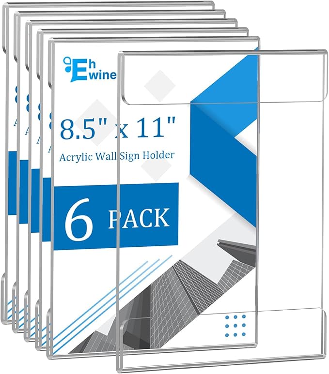 EHWINE 6 Pack 8.5 x 11 Wall Mount Acrylic Sign Holder, Wall Signs Photo Menu Flyer Display Holders, Plastic Clear Acrylic Wall Frames for Office Home Hotel Business Store (with Adhesive Tape)