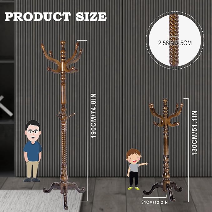 Coat Racks FreeStanding with 11 Hooks, Natural Wood Coat Rack with Tri-Legged Base, Adjustable Height Coat Racks, Easy Assembly for Hallway, Bedroom and Office (Walnut-Tri-Legged Base)