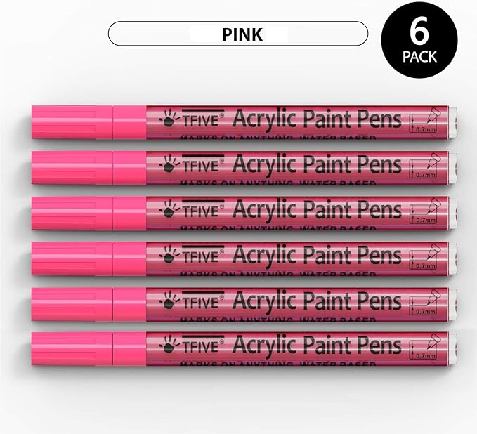 Pink Marker Paint Pens - 6 Pack Acrylic Pink Permanent Marker, 0.7mm Extra Fine Tip Paint Pen for Art Projects, Drawing, Rock Painting, Stone, Ceramic, Glass, Wood, Plastic, Metal, Canvas DIY Crafts