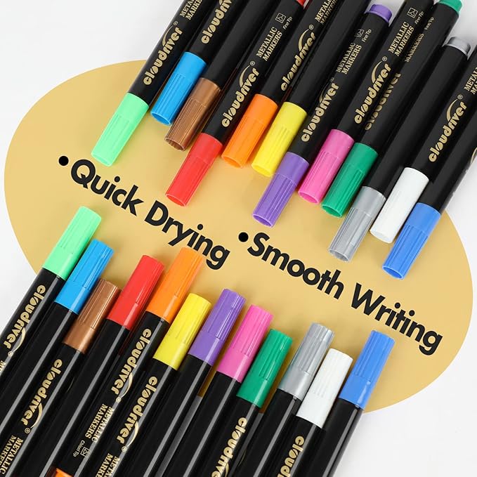 cloudriver Metallic Markers, 24 Count, 12 Assorted Colors, Fine and Chisel Tip, Metallic Marker Pens For Black Paper, Art Rock Painting, Easter Egg, Card Making, Scrapbook Crafts