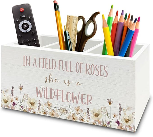 Wildflower Nursery Decor Pen Pencil Holder Organizer for Desk, Girl Nursery Decor, in a Field Full of Roses She Is a Wildflower Wooden Box Sign for Girly Room Bedroom Desk Tabletop Decorations