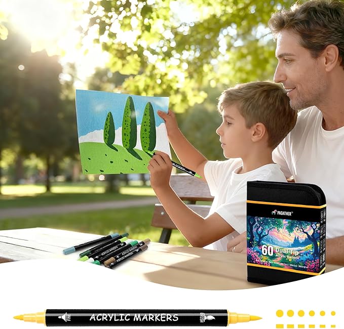 60 Colors Acrylic Paint Markers, Dual Tip with Fine Tip and Brush Tip Pens for Stone, Wood, Calligraphy, Canvas, Ceramic, Metal, Glass, Rock Painting, DIY Crafts Art Supplies Kit