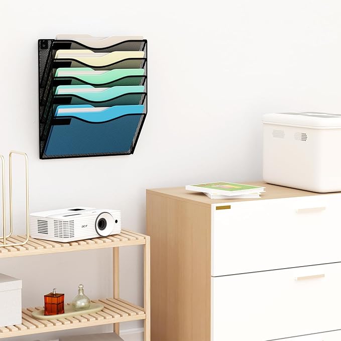 JessYo 5 Pocket Wall File Organizer Wall Mounted Mail Folder Paper Document Holder Clipboard Storage Organization Pocket Vertical Hanging Magazine Rack for Office Home School, Black