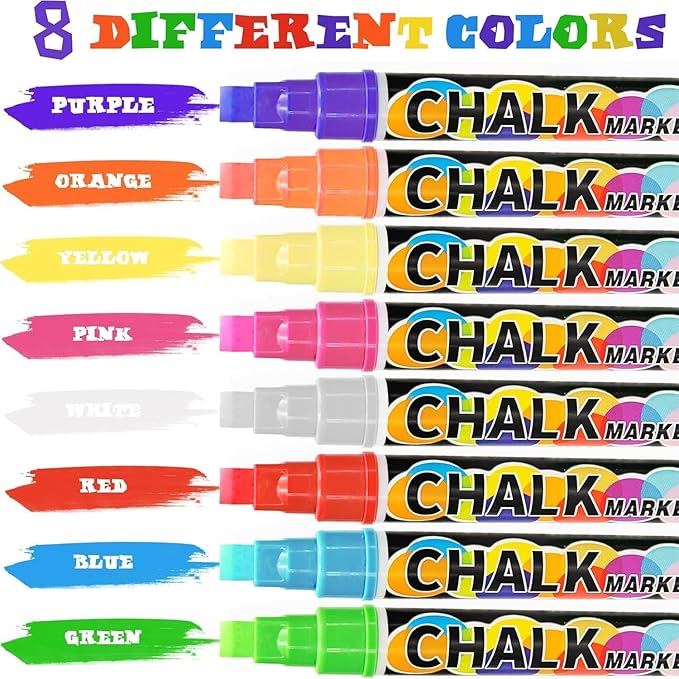 SMOOTHERPRO Chalk Marker, 10mm Liquid Chalk Markers, 3-in-1 Nib Washable Window markers for Glass Mirror, 8 Colors Erasable Chalkboard Markers for Blackboard