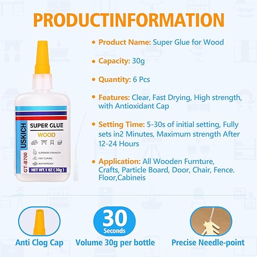 Super Glue for Woodwork with Anti Clog Cap. 6 x 1 fl oz,CA Glue - Clear Adhesive Cyanoacrylate Glue for Furniture, Garden, Crafts, DIY, Metal to Wood, Quick Dry