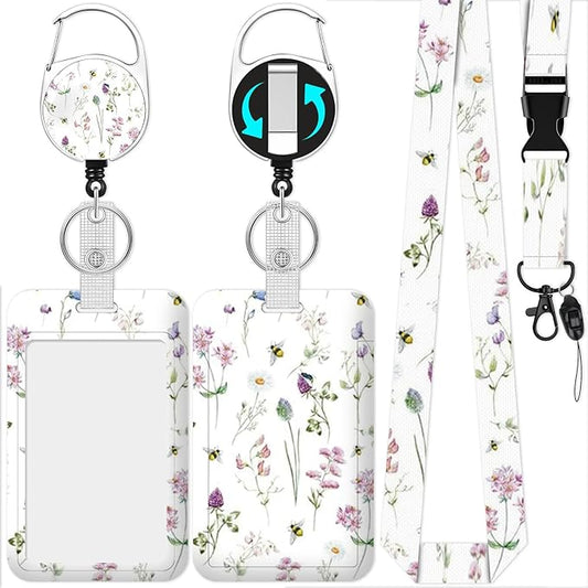 Flowers Badge Holder Reel Lanyard,ID Card Badge Holder Retractable Name Tag Clips for Doctor Nurse Teacher Office Student