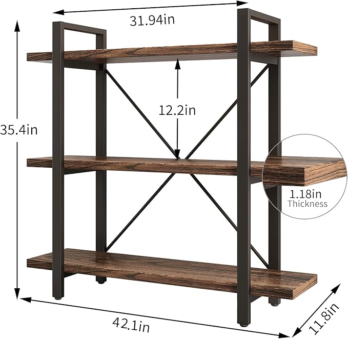3 Tier Bookshelf Modern Rustic Open Bookshelf Office Solid Wood Bookcase and Book Shelves Wood and Metal Shelving Unit,Distressed Brown (AY-02-3Tier)