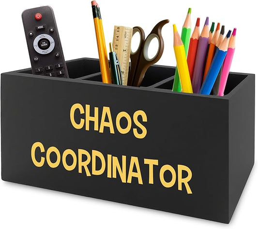Chaos Coordinator Black Yellow Pen Pencil Holder Organizer for Desk, Thank You Gifts for Women Men Coworkers Boss Leader Manager, Appreciation Gifts Wooden Box Sign for Desk Tabletop Decorations
