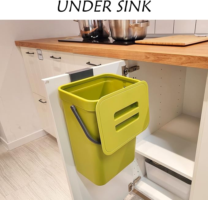 stonespace Small Trash Can with Lid，Mountable Indoor Compost Bucket, Hanging Trash Can with Lid for Cupboard/Bathroom/Bedroom/Office/Camping, 3.2 Gallon/12L Green