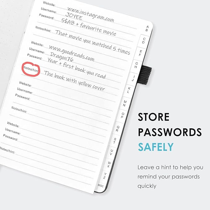 Elegant Password Book with Alphabetical Tabs - Hardcover Password Book for Internet Website Address Login - 5.2" x 7.6" Password Keeper and Organizer w/Notes Section & Back Pocket (Black)