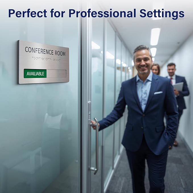 Conference Room Office Door Signs Do Not Disturb, In Use/Available Slider Sign with Raised Text & Grade 2 Braille, Conference Vacant Occupied Sign Brushed Aluminum/Silver