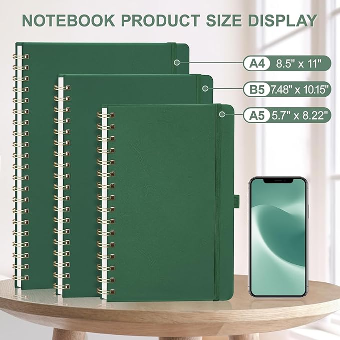 AHGXG Bullet Dotted Journal Spiral Notebook 8.5" x 11", Large A4 Leather Hardcover Dotted Notebook, 100 GSM Thick Dot Grid Paper, Inner Pocket, for Bullet Journaling, Green