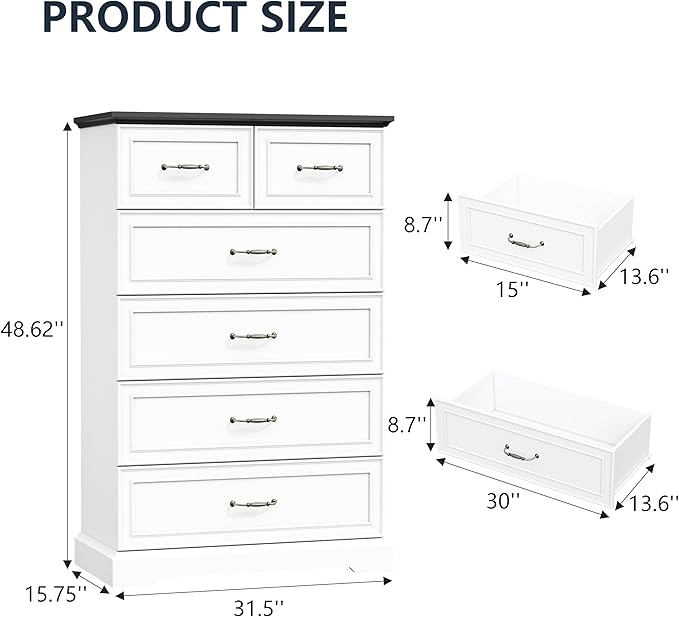 6 Drawer Dresser for Bedroom, 49" Tall Wooden Chest of Drawers, Rustic Farmhouse Dresser with Large Drawers & Metal Handles, Modern Storage Organizer for Closet, Living Room, Hallway, White