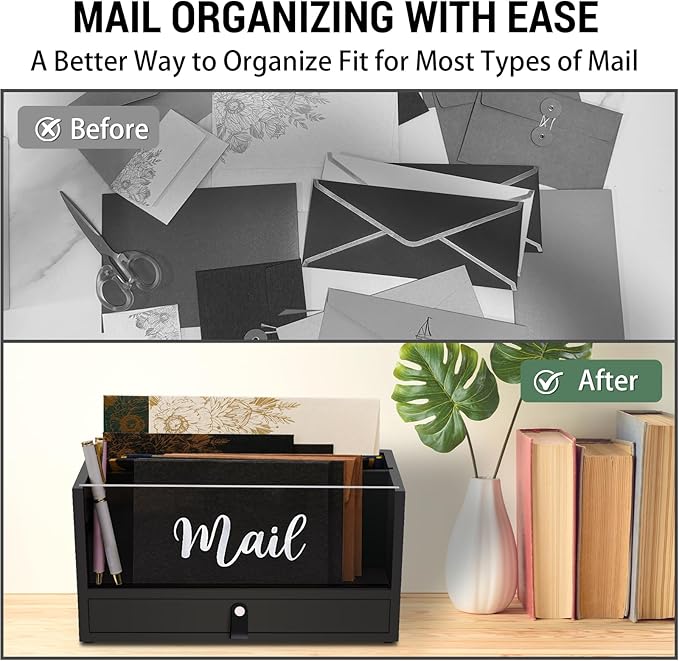 Two-Layer Solid Wooden Mail Storage Organizer Holder with Clear Acrylic Top and Bottom Drawer, Leather Handle, Keeping Mail, Bills, Letters, Cards and Office Supplies in One Place, Home Decor Gifts