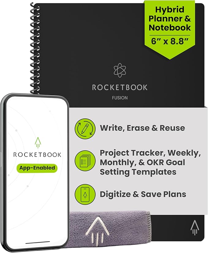 Rocketbook Fusion Hybrid Reusable Planner and Notebook in One, Additional Blank Pages, Goal and Project Tracker, Undated Planner, Executive Size 6x8.8, Black (Pack of 1)