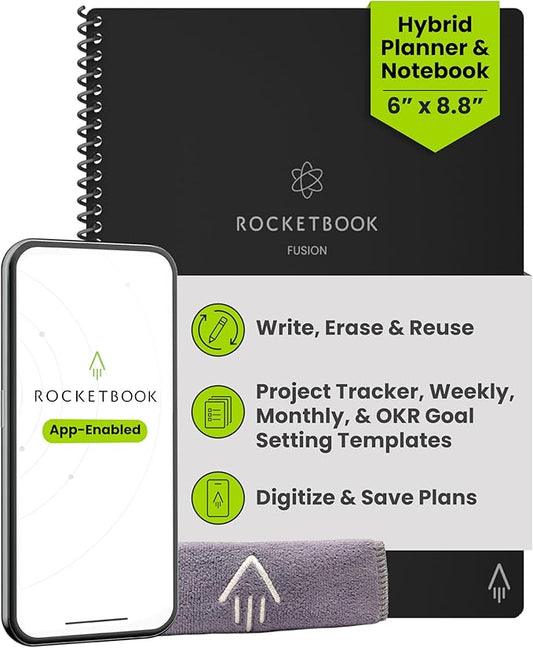 Rocketbook Fusion Hybrid Reusable Planner and Notebook in One, Additional Blank Pages, Goal and Project Tracker, Undated Planner, Executive Size 6x8.8, Black (Pack of 1)