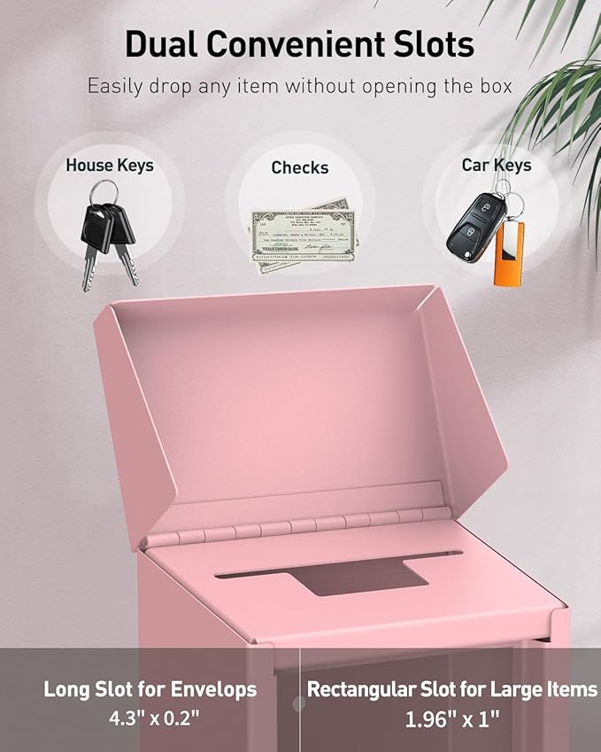 Uniclife Pink Metal Wall Mounted Mailbox with Top Slot, Key Drop Box with Combination Lock for Outside, Donation Box Collection Boxes, Safe Suggestion Boxes, Steel Cash Drop Chest