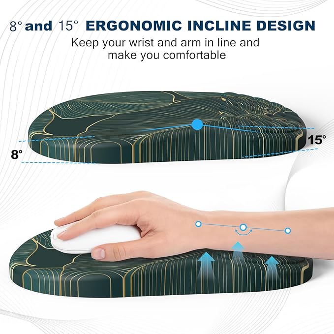 Ergonomic Mouse Pad and Keyboard Wrist Rest with Massage Design, Space-Saving Mouse Pad Wrist Support, Memory Foam Wrist Rest with Non-Slip PU Base for Computer Desk, Green Leaves
