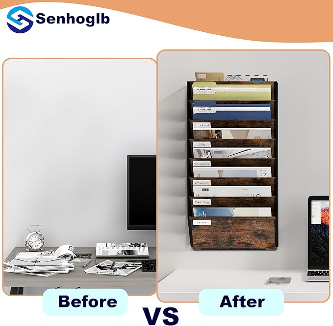 Metal Wall File Folder Organizer, 8-Tier Mesh Hanging Wall File Organizer, Magazine Rack With Pockets, Wood Document Holder for Office Home, Brown