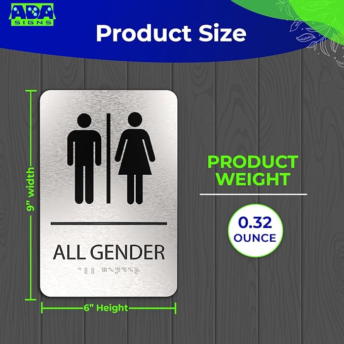 ADASigns All Gender Restroom Sign – 6" x 9" Durable Brushed Aluminum with Braille – Easy Installation with Strong Adhesive Tape – Weatherproof Men & Women ADA Bathroom Sign for Home, Office & Business