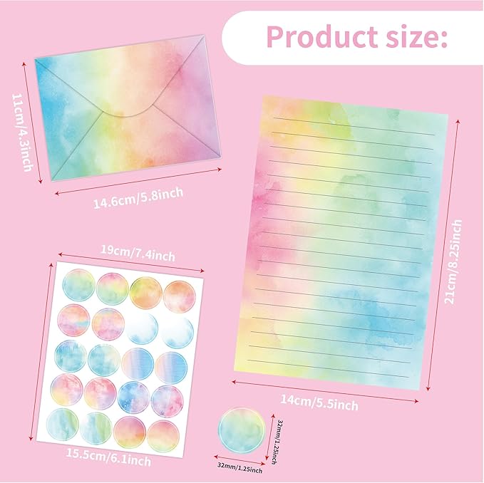 160 Packs Stationery Paper and Envelopes Set 10 Different Designs, 50 One Sided Stationery Writing Papers with 50 Matching Envelopes and 60 Round Dot Sticker, 5.5 x 8.25 Inch (Watercolor)