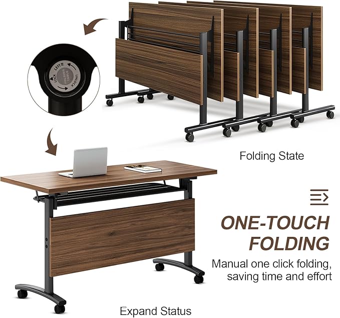 Folding Conference Table, Modern Large Conference Room Tables with Flip-Top Design, Foldable Conference Table Meeting Table with Wheels, Mobile Seminar Training Tables for Office Classroom (6, Walnut)