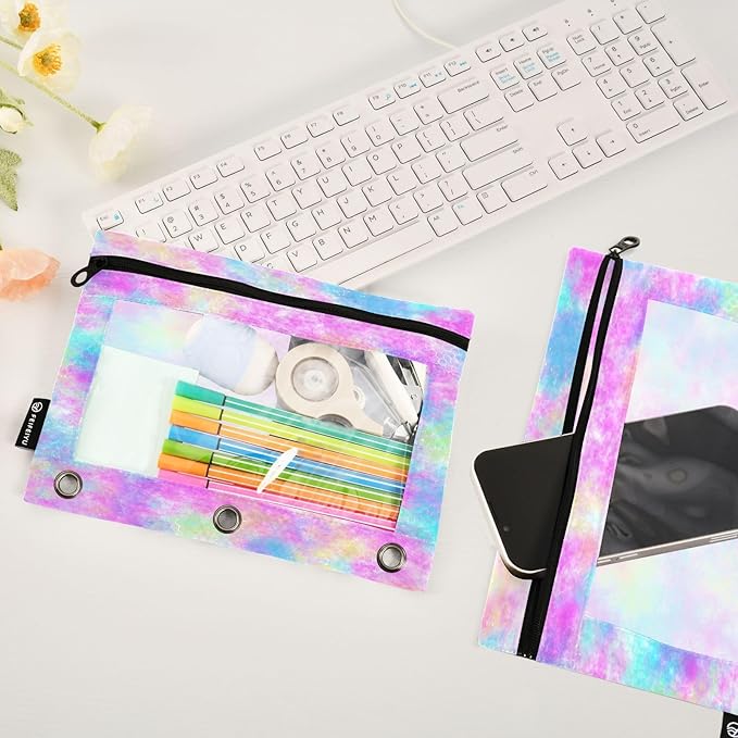 ALAZA Pencil Pouch for 3 Ring Binder, Watercolor Gradient Tie Dye Binder Pencil Pouches with Clear Window Zipper Pencil Case Cosmetic Bags for Office College Supplies, 2PCS