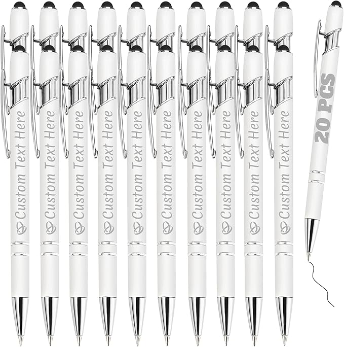 Personalized Pens Bulk 20 with Name Custom Engraving Ballpoint Pens with Stylus Tip Customized Smooth Writing Pens Personalized Gifts for Anniversary Birthday or Graduation(White,Black Ink)