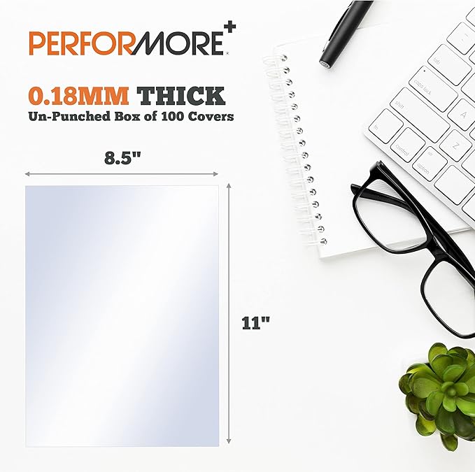 PERFORMORE 100 Pack of Binding Presentation Covers for Binding Machines, 8.5" X 11" 0.18mm Thick, Crystal Clear Plastic Report Covers for Documents Files and More