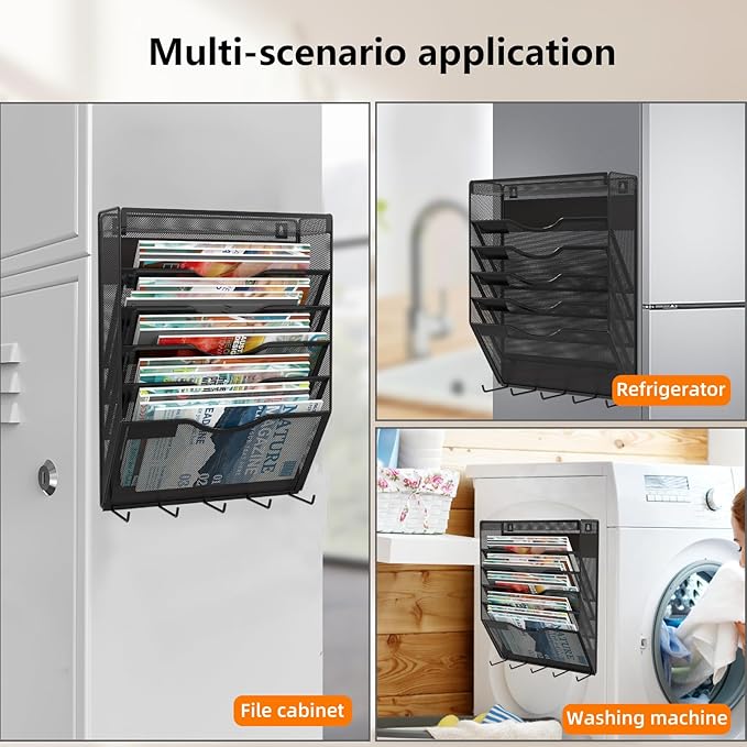 6 Tier Magnetic File Holder with Hook, Magnetic File Organizer Folder Holder, Wall File Organizer, Hanging Magnetic Paper Holder for File Cabinets, Office, Whiteboard, Magnetic Mail Holder