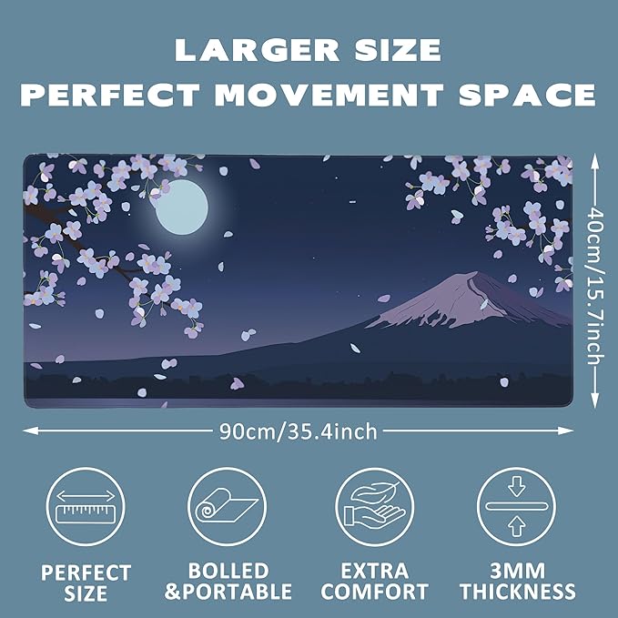 Large Mouse Pad Mount Fuji Sakura Moon Extended Gaming Mouse Pad Non-Slip Desk Mat with Stitched Edge Laptop Computer Keyboard Mousepad for Office Home 35.4" x 15.7"
