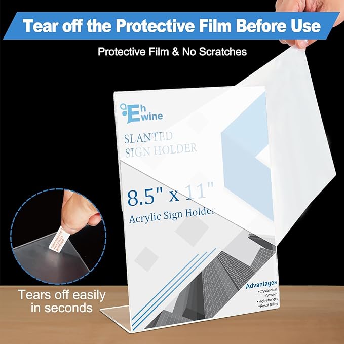 EHWINE 12 Pack Acrylic Sign Holder 8.5 x 11, L Shape Clear Plastic Display Stand, Slanted Back Picture Frame Menu Flyer Paper Display Stand up Table Top Sign Holders for Restaurant, Office and School