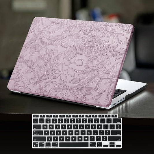 DTangLsm for MacBook Air 13 inch Case 2025 2024-2022 Release M4 A3240 M3 A3113 M2 A2681, Retro Leather Hard Shell Elegant Textured Case for MacBook Air 13.6 inch+Keyboard Cover, Lilac Embossed Floral
