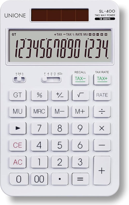 14 Digits Desktop White Calculator with a Bright LCD, Dual Power Handheld Desktop. Color. Business, Office, High School