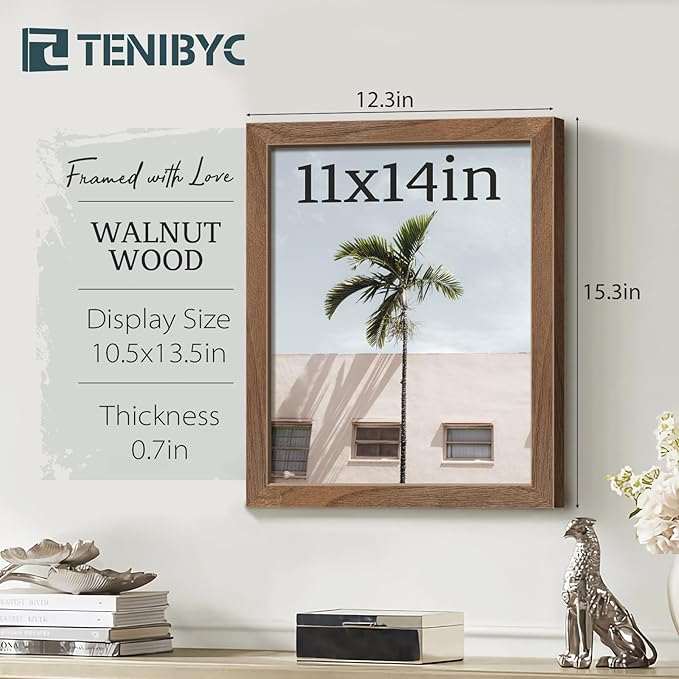 11x14 Walnut Picture Frame 3 Pack with HD Glass - Natural Brown, Solid Wood Poster Frame, Wall Gallery Frame
