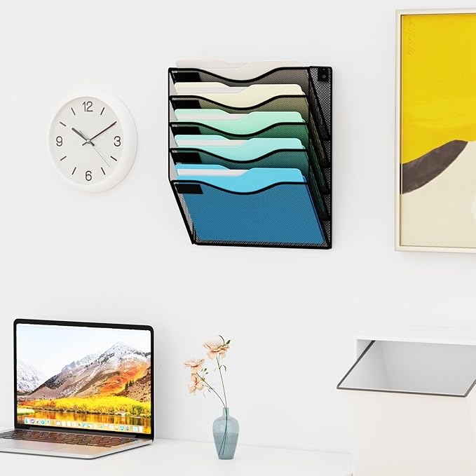 JessYo 5 Pocket Wall File Organizer Wall Mounted Mail Folder Paper Document Holder Clipboard Storage Organization Pocket Vertical Hanging Magazine Rack for Office Home School, Black