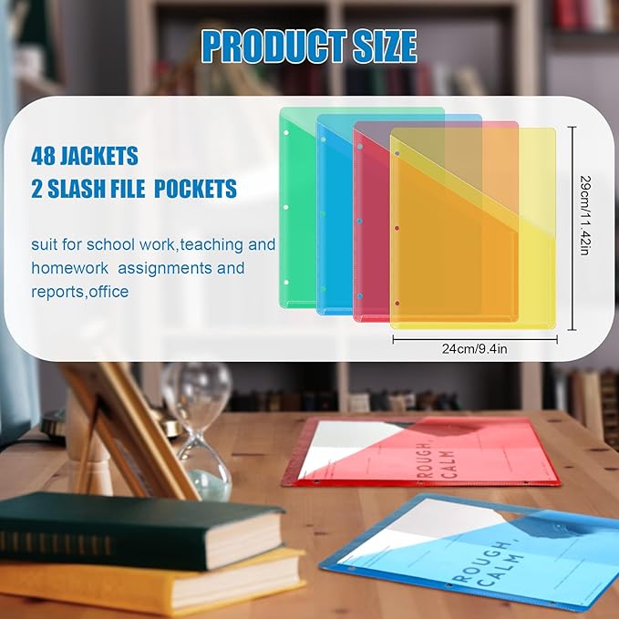 Seajan 48 Pcs Pocket Folders for 3 Ring Binder Clear Plastic Folders Sleeves with 2 Pockets 3 Hole Punch Binder Dividers Poly Slash File Jackets for Office School Document Organizer (Multicolored)