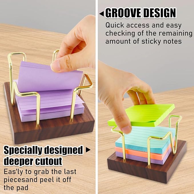 Buqoo Sticky Note Holder, Walnu Wood and Gold Metal Wire Self Stick Note Pad Holder Dispenser for School Home Office Desk Accessories Supplies