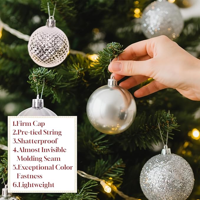 Christmas Tree Decorations Ornament Set, 60ct 2.36 Inches Silver Shatterproof Christmas Ball Ornaments, Hanging Ball for Xmas Holiday Wedding Party Decor