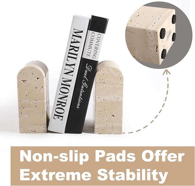 Koville Italian Travertine Bookends for Shelves, Decorative Book Ends, 7lbs Heavy-Duty Marble Book Holders, Bookshelf Apartment Decor for Normal Books/CD/Video Games(Travertino Romano)