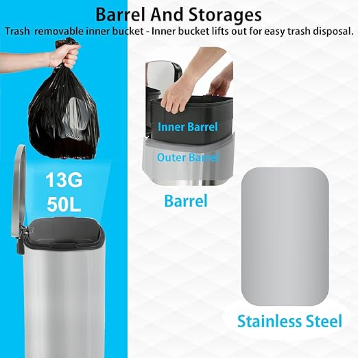 PayLessHere 13 Gallon (50L) in Home Recycling Bin Kitchen Stainless Steel Recycling Bin with Lid Removable Inner Bucket Foot Pedal Soft Close for Office Home Kitchen Garbage Can Trash Bin