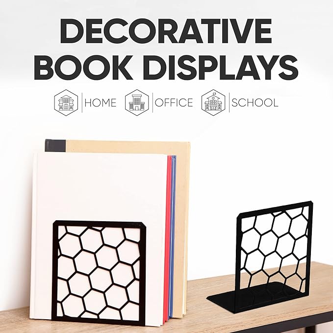 GEOMOD Geometric Honeycomb Black Metal Bookends Decorative - Tall Sturdy Book Ends for Shelves - Modern Heavy Duty Bookend Stopper - Office or Home Book Shelf Book Holder - 6x3.25x6.25 Inches - 1 Pair
