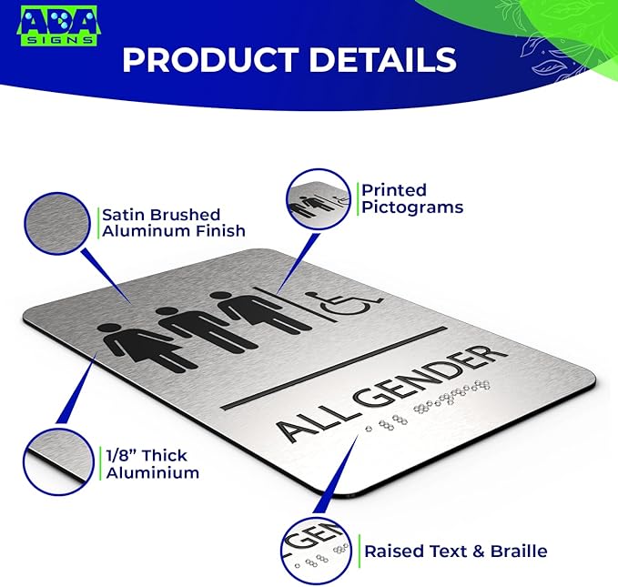 ADA Restroom Signs | 6x9 inches Restroom Signs for Business Brushed Aluminum with Braille and Mounting Tape, Easy Do-It-Yourself Install (All Gender Alternative, Wheelchair Accessible Sign) Modern