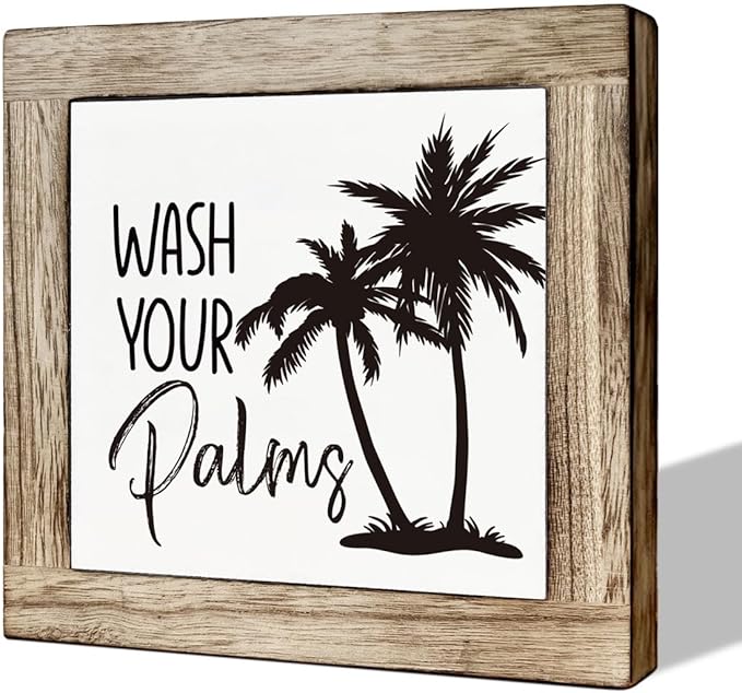 Wooden Box Sign for Bathroom Decor - Farmhouse Tabletop Washroom Decor, Tropical and Coastal Style - B6-68 Wash Your Palms Sign