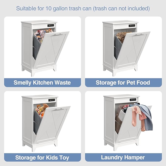 Tilt Out Trash Cabinet, Kitchen Trash Can Cabinet w/Negative ion and deodorizing Function, Dog Proof 20 Gallon Garbage Can Cabinet for Kitchen, Bathroom, Living Room, White