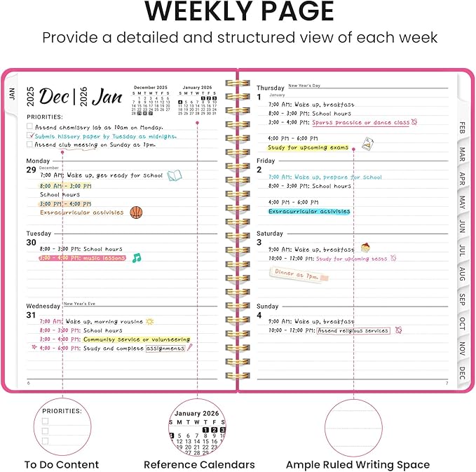 2026 Planner, Weekly and Monthly Calendar Planner, January 2026 - December 2026, Hardcover 2026 Calendar Planner Book with Tabs For Women & Men, Inner Pocket, Spiral Bound, Perfect for Office Home School Supplies - A5 (6.3" x 8.5"), Berry Pink